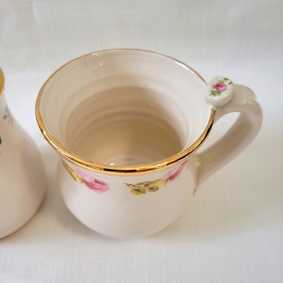 Vintage Handmade Pottery Mugs Gorgeous Rose & Gold Rim Mug set of 2 - Picture 10 of 16